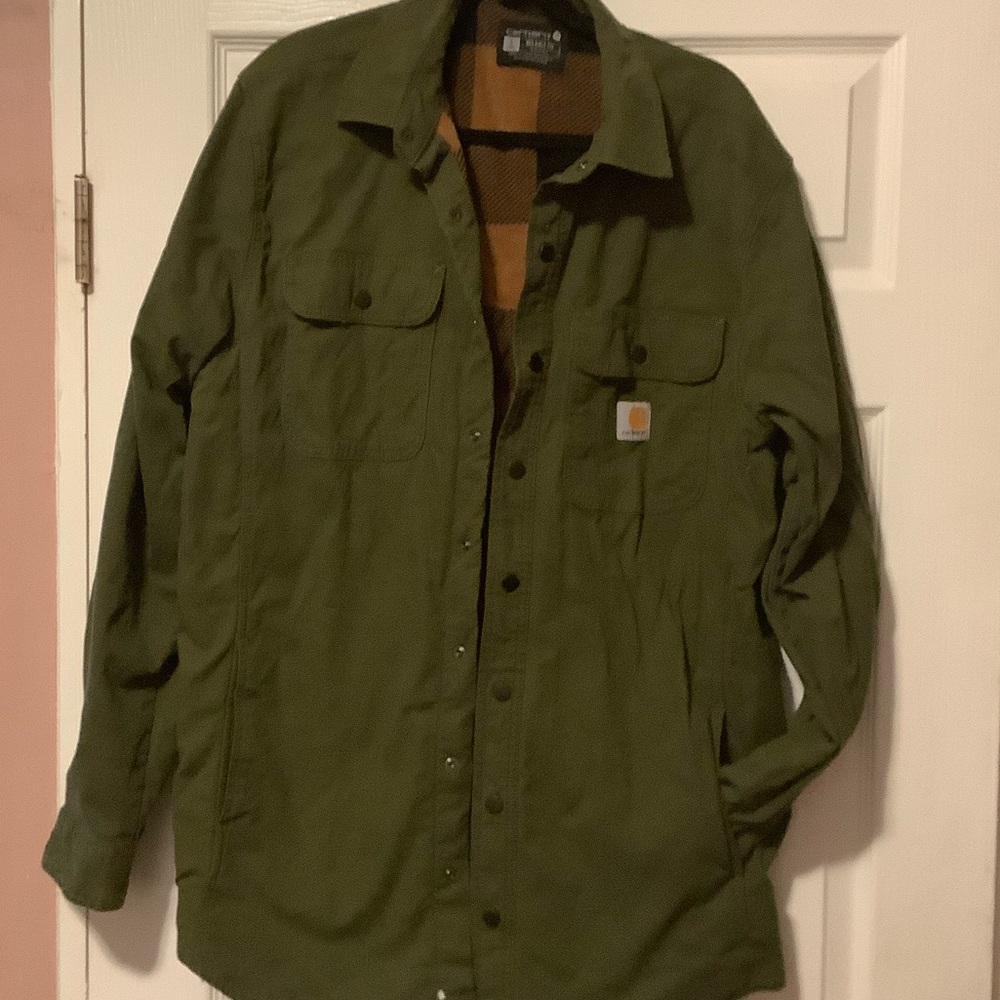 Carhartt Olive Green Shirt Workshirt Jacket Plaid Interior Long Relaxed Fit Tall